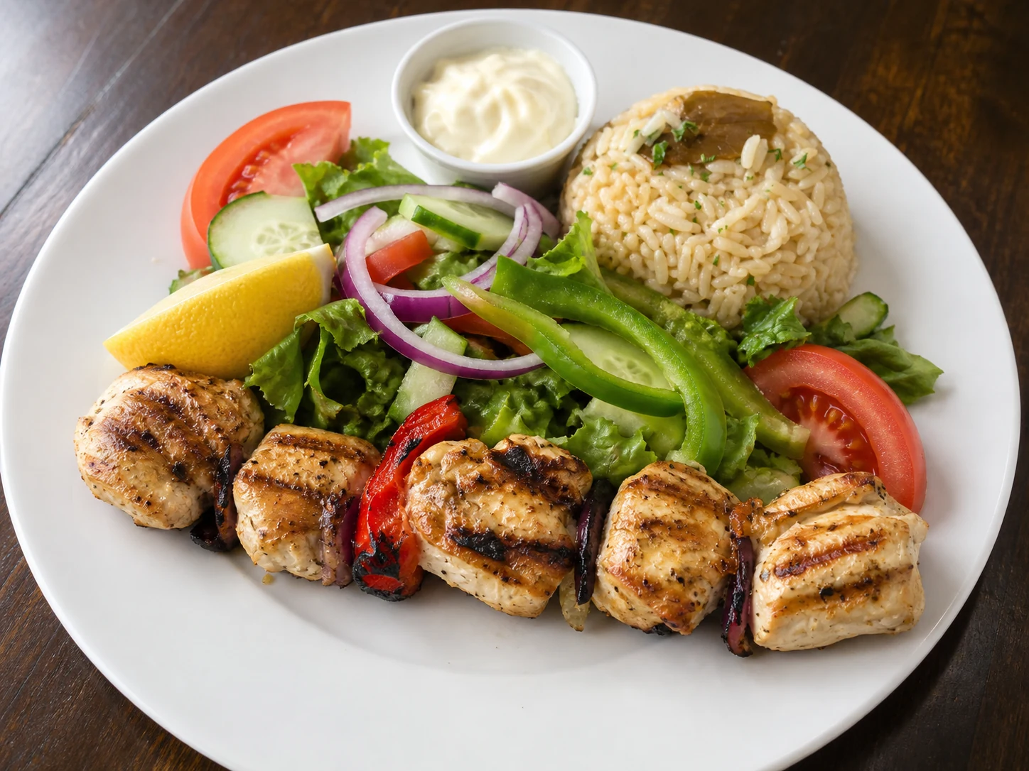 Chicken souvlaki with seasoned rice, fresh salad, lemon and a creamy dip