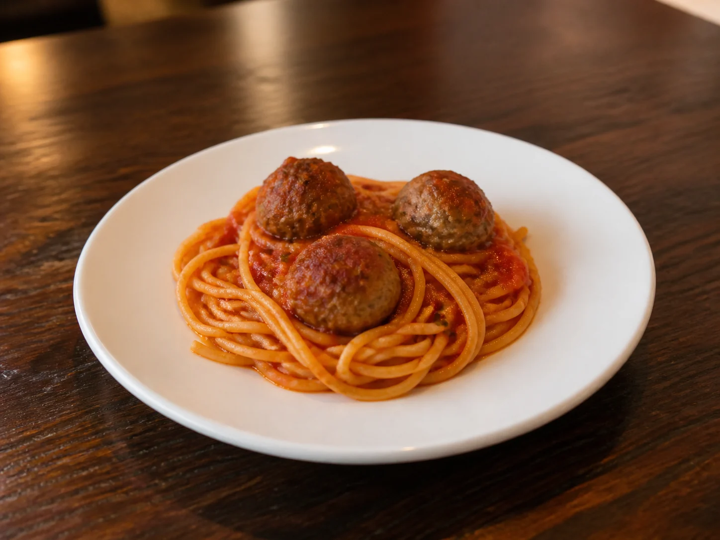 Children’s portion of spaghetti with three homemade meatballs in tomato sauce