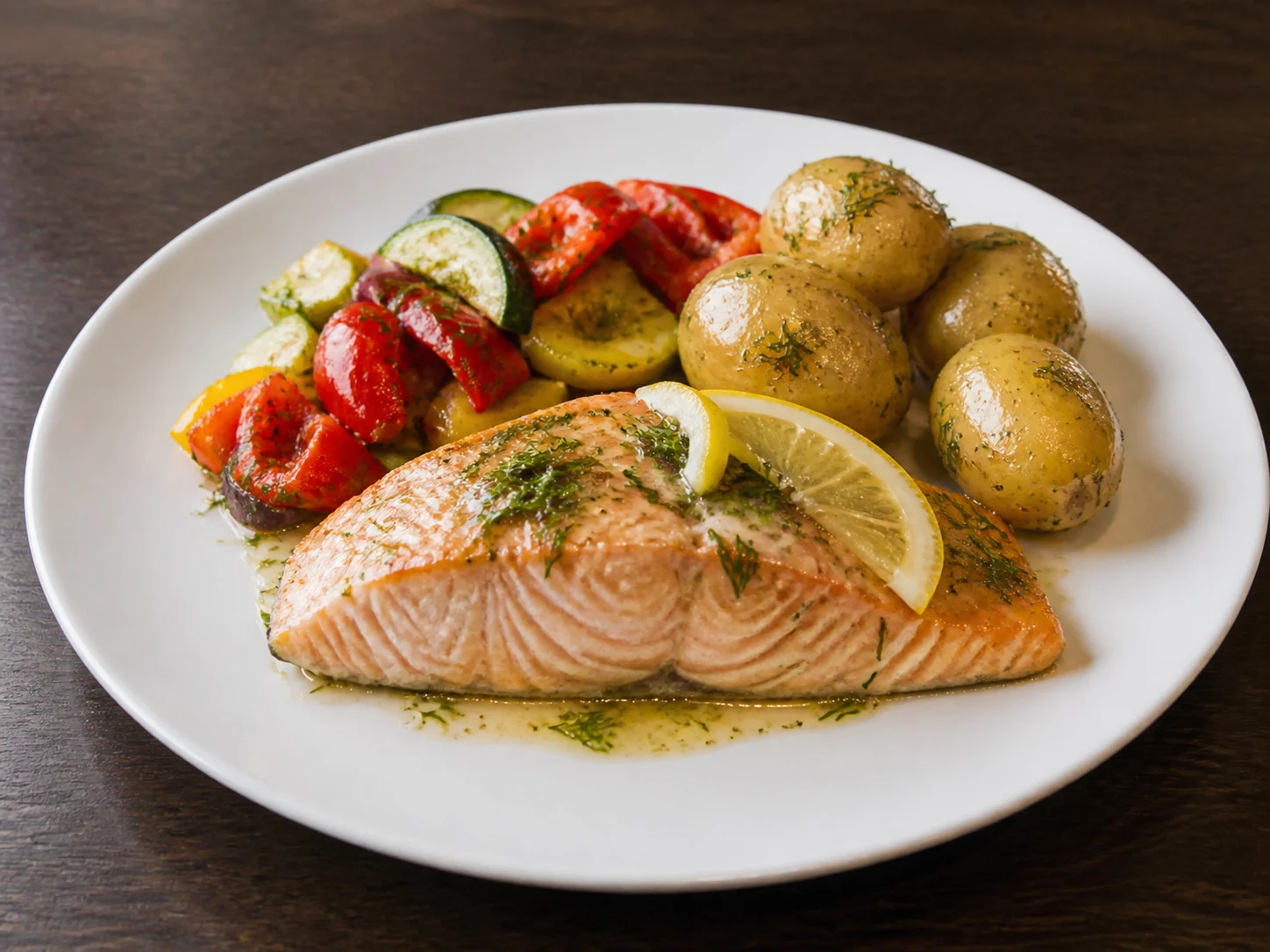 Gluten-free salmon with lemon and dill, Mediterranean vegetables and new potatoes
