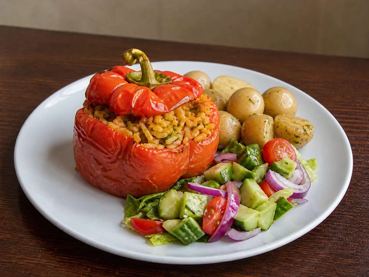 Vegan roasted red pepper filled with seasoned rice, served with new potatoes and salad